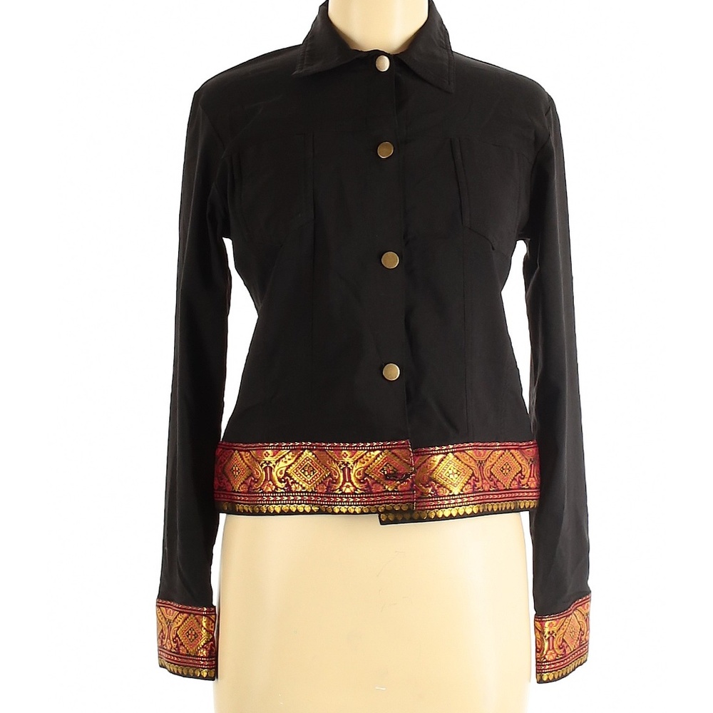 HARLOW vintage black button up jacket embroidery detail design trim